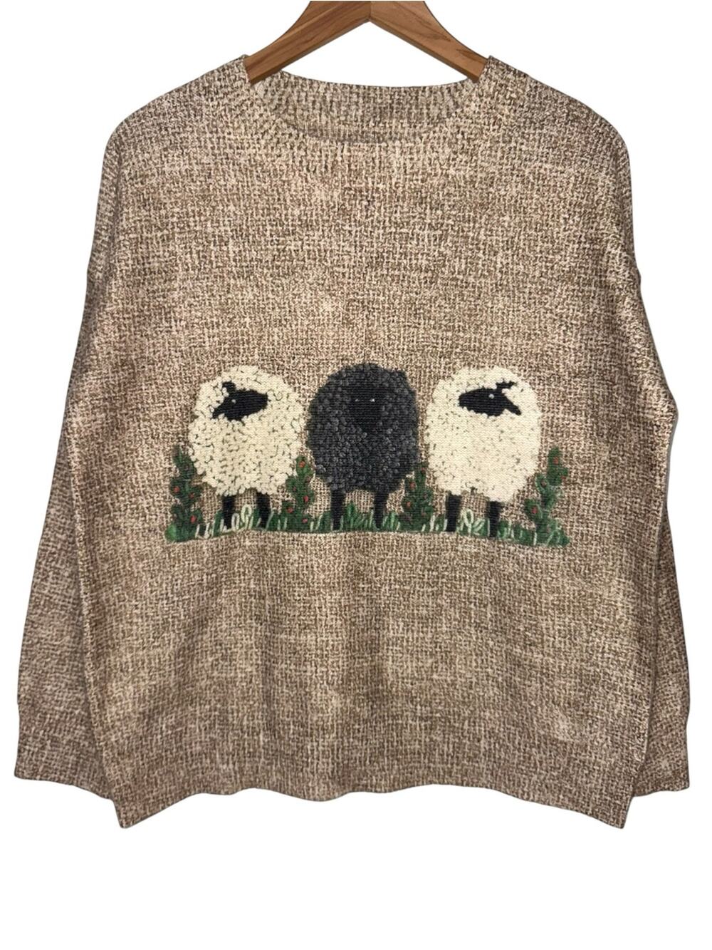 Cozy Cottagecore Crewneck Sheep Printed Knit Long Sleeve Tan Sweater Size M